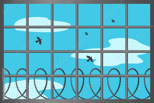 View from window with jail bars. Vector illustration.