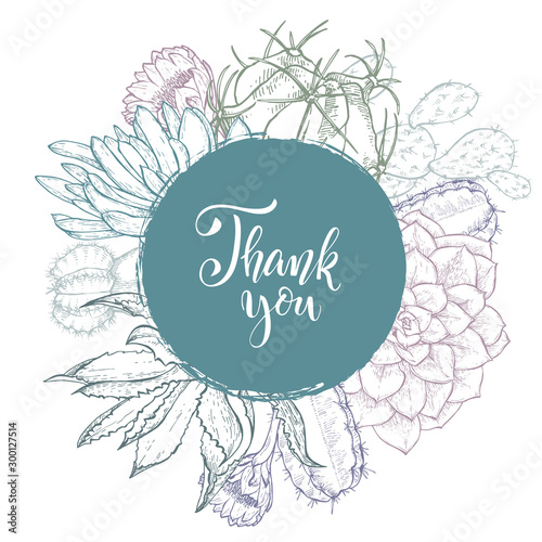 Floral background. Hand drawn vector botanical illustration. Template greeting card, wedding invitation banner with spring flowers. Sketch linear cactus ans succulents . Engraved style illustration.