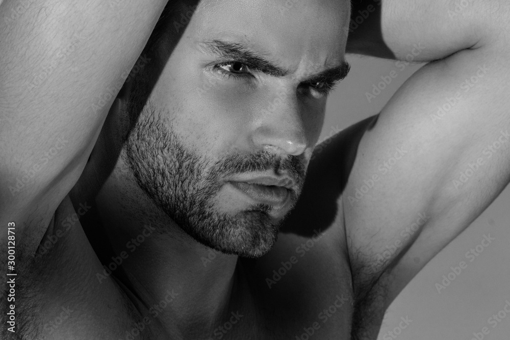 Black and White Strong stripped muscle male model in white underwear on