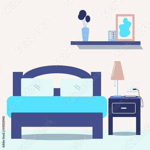 Bedroom interior with bed, nightstand, lamp and and other home goods. Part of apartment. Flat vector illustration.