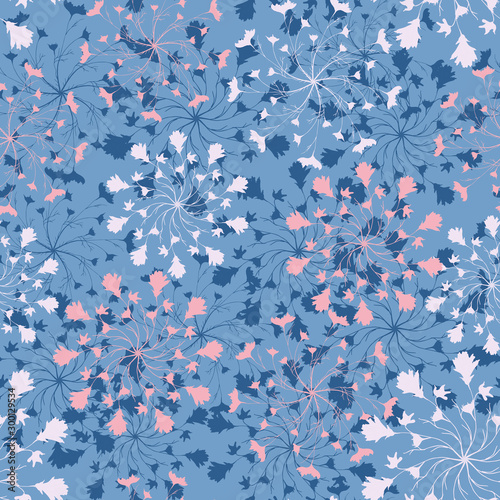 Seamless floral pattern on a blue background. Snowflakes from floral white silhouettes for paper and tile.