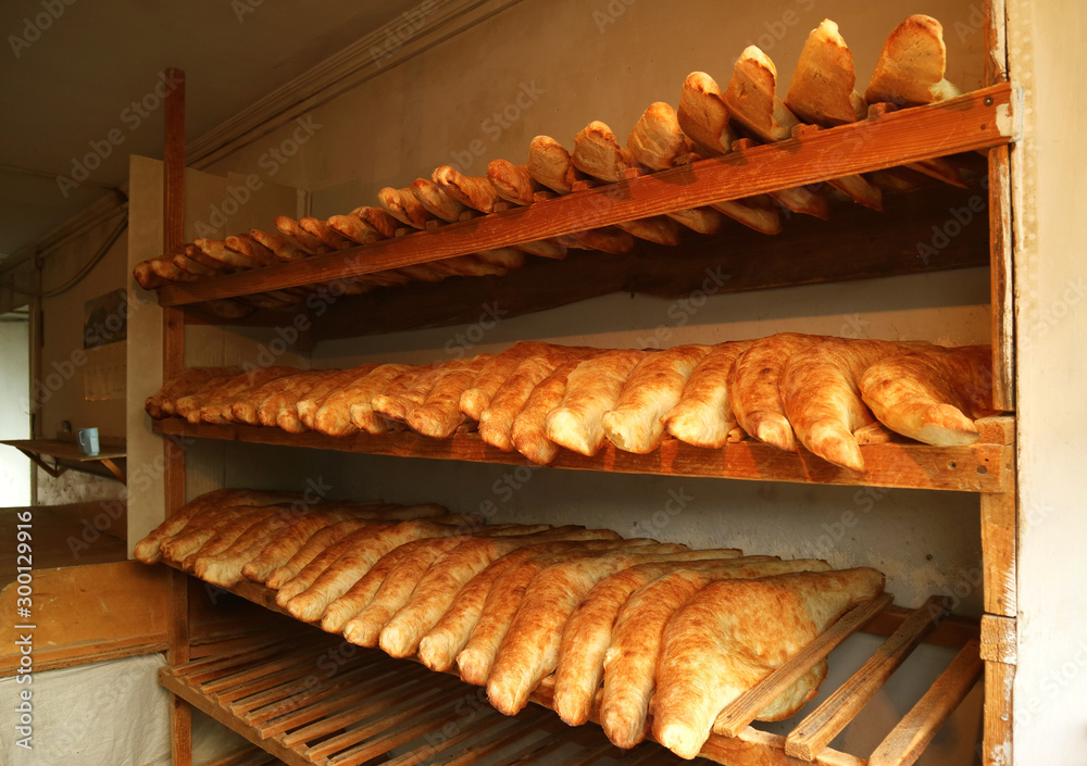 Many of Traditional Georgian Bread Called Shotis Puri or Shoti on the Wooden Lack of a Local Bakery in Georgia 