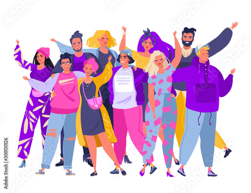 Group of smiling young people or student  standing together, embracing each other, waving hands. Portrait of cute joyful friends. Happy flat cartoon people characters isolated on white background. 