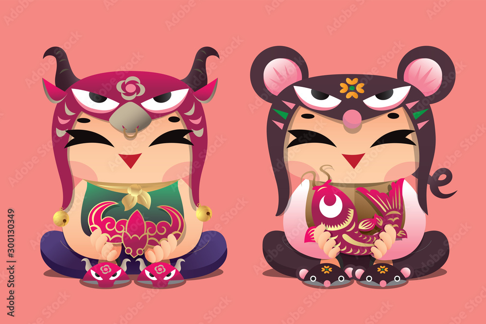 Fototapeta premium Chinese zodiac lucky kids: Ox and Mouse