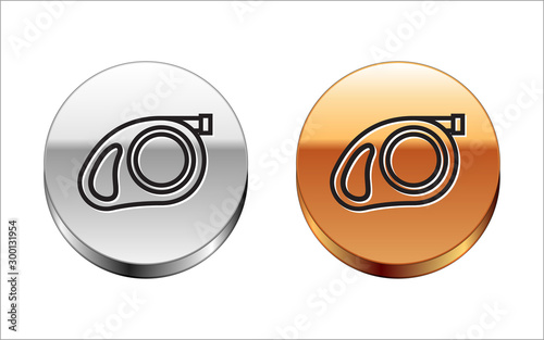 Black line Retractable cord leash with carabiner icon isolated on white background. Pet dog lead. Pet supplies. Animal accessory for outdoors walk. Silver-gold circle button. Vector Illustration
