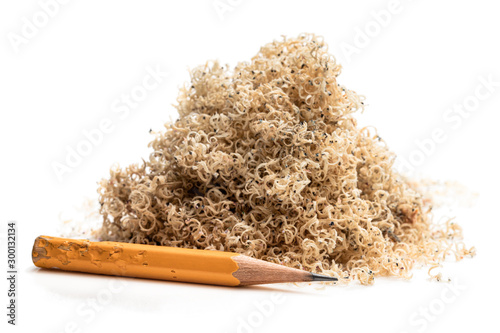 Oversharpened pencil in front of the heap of shavings. Concept of the fruitless design or art work photo