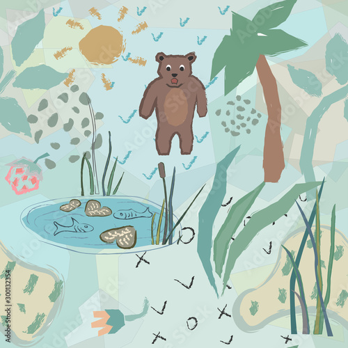 Cute Seamless Pattern with funny bear and fish pond. Unique Childish Design.
