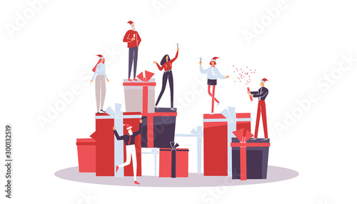 Merry Christmas. People jollify together. Composition of boxes and happy workers at corporate party. Sale concept. Company celebrates new year. Holiday vector illustration EPS10 isolated on white