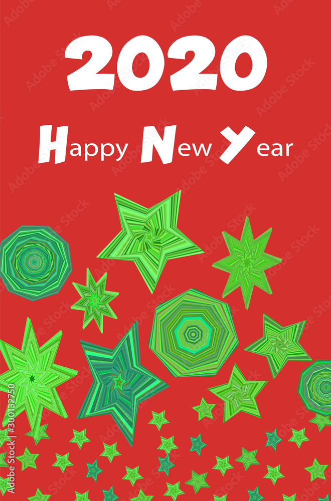 Naklejka premium New year greeting. Red background and green stars and polygons. Party poster, postcard.