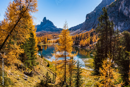 Golden reflections on the Federa lake. Dreamlike Dolomites. Italy