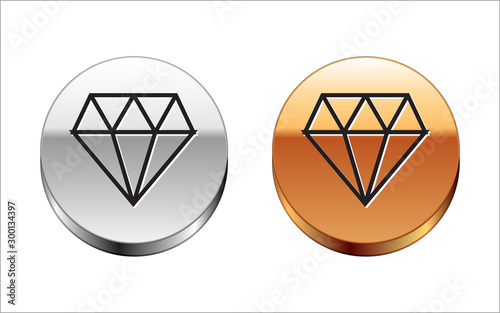 Black line Diamond icon isolated on white background. Jewelry symbol. Gem stone. Silver-gold circle button. Vector Illustration
