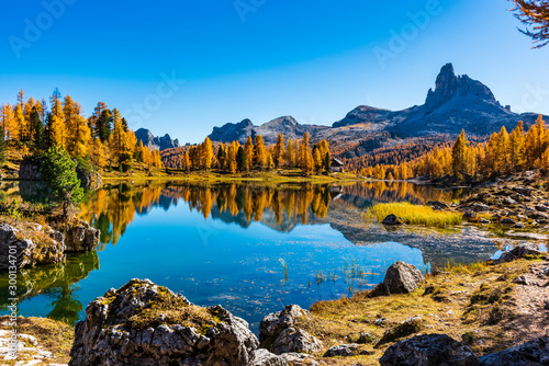 Golden reflections on the Federa lake. Dreamlike Dolomites. Italy