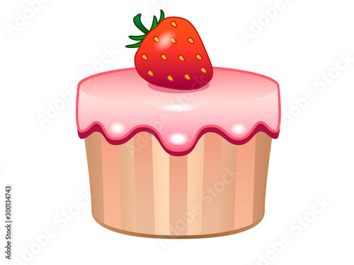 Strawberry sponge cake - sweet pastries. Creamy strawberry muffin. A cupcake with icing and strawberries is a vector full-color picture of a pastry.
