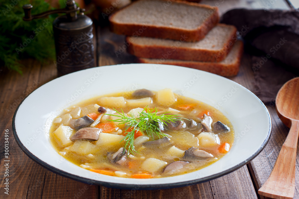 Forest mushroom soup in an enameled plate on a wooden table, horizontal Forest mushroom soup in an enameled plate on a wooden table, horizontal