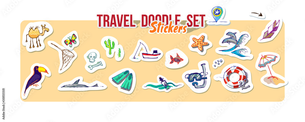 Summer holidays, ocean travel, desert trip. Vector Set for summer time vacation. Set of stickers with sketch design element summer theme. Hand drawn doodle stickers with adventure objects