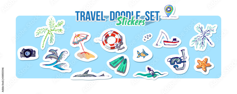 Summer holidays, ocean travel, sea trip. Vector Set for summer time vacation. Set of stickers with sketch design element summer theme. Hand drawn doodle stickers with adventure objects.