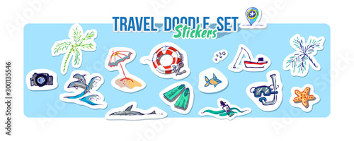 Summer holidays  ocean travel  sea trip. Vector Set for summer time vacation. Set of stickers with sketch design element summer theme. Hand drawn doodle stickers with adventure objects.