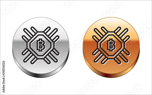 Black line CPU mining farm icon isolated on white background. Bitcoin sign inside processor. Cryptocurrency mining community. Digital money. Silver-gold circle button. Vector Illustration