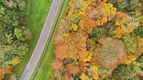 4k Aerial view of Merlin park with autumn trees and vegetation, Galway, Ireland