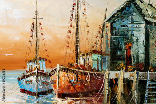 Fototapeta Naklejka Na Ścianę i Meble -  Fragment of painting with thick paint brushwork and palette knife details depicting fisherman boats and shacks in a harbor.
