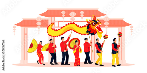Celebrating Chinese Lunar New Year. Vector illustration. Holiday performance in china town with dragon, lanterns, dances