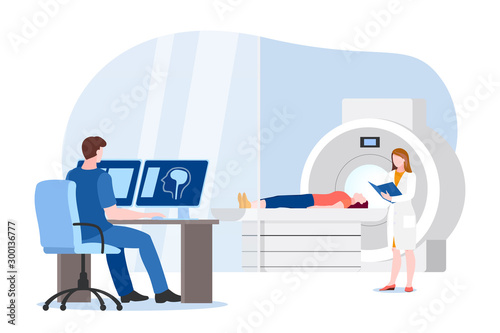 Doctor and nurse prepare for magnetic resonance imaging scan of patient. Vector illustration. MRI medical diagnostic.