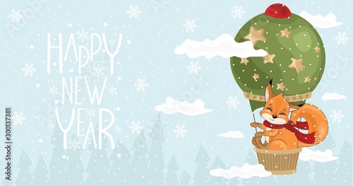 Happy New Year card with a squirrel on a hot air balloon. Handwritten Christmas greetings. Vector illustration.