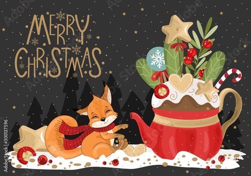 Merry Christmas greetings with Squirrel, festive teapot, twigs and sweets. Vector illustration. Winter holiday card with calligraphic and hand-drawn design elements.