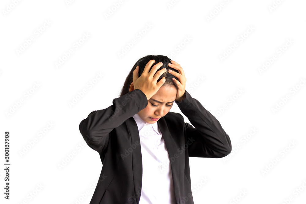 Asian Business woman hand holding head on white background.Concept of stress, hard work, headache. Asian Business woman hand holding head on white background.Concept of stress, hard work, headache.