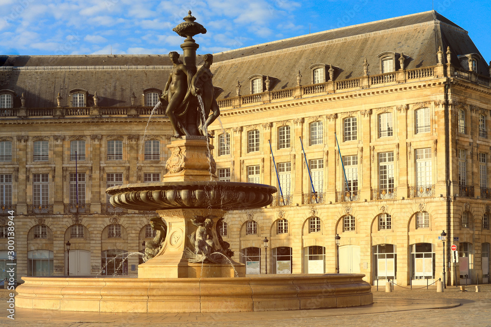Three Graces fountain in Place de la Bourse. This square is one of the most representative works of classical French architecture.