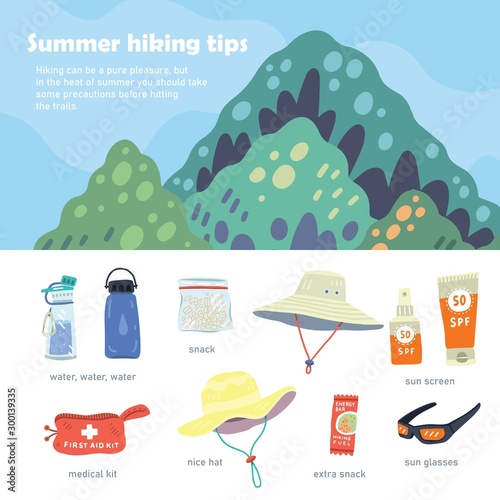 Vector illustration of summer hiking or touristic equipment with a mountain. Grear for landing page, web design, flyer, card, poster, banner. Place for text. Flat cartoon handdrawn style.
