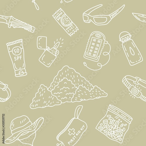 Seamless vector pattern. Hiking equipment. Hat, lighter, headlamp, sun glasses, sunscreen, water, medical kit, snacks, solar power bank. For design, prints, stickers, sport and touristic business.
