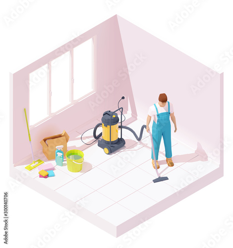Vector isometric house cleaning after renovation
