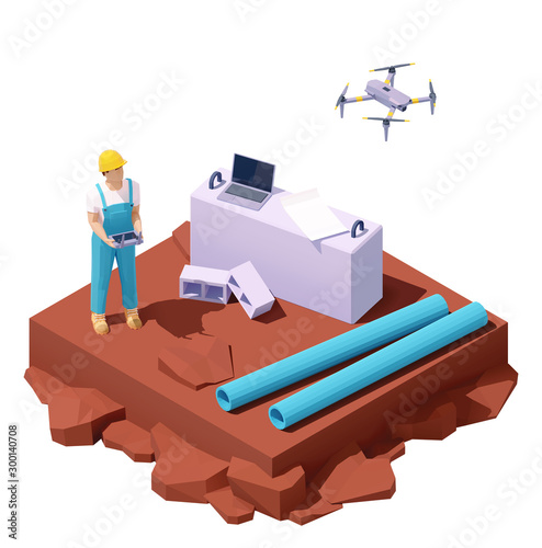 Vector isometric drone survey at construction site