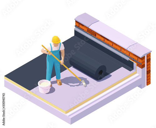 Vector isometric worker at flat roof insulation