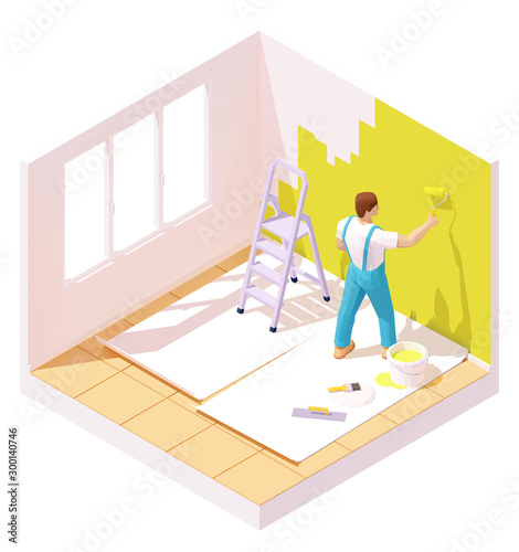 Vector isometric painter painting room wall