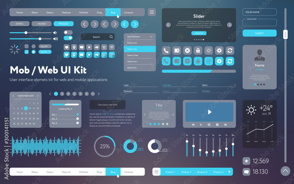 Vector UI UX kit for mobile applications and web sites. Universal user interface template with responsive design, tools and buttons. Flat menu icons and control elements on color background.