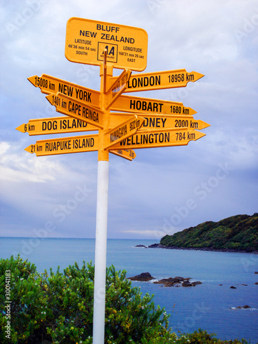 New Zealand, South Island, Southland, Bluff, Stirling Point, signpost marking the southern-most point of Highway 1