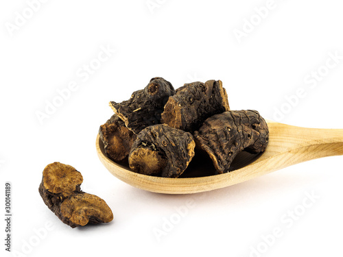 Serpentine root or Bistorta officinalis in wooden spoon on white background photo