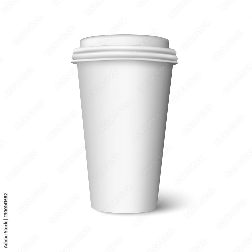 Blank plastic white cup for hot drink. Realistic coffee, tea or chocolate cup with cap. Vector mock up isolated on white background with shadow. Blank plastic white cup for hot drink. Realistic coffee, tea or chocolate cup with cap. Vector mock up isolated on white background with shadow.