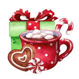 mug of hot chocolate, sweets and christmas gift