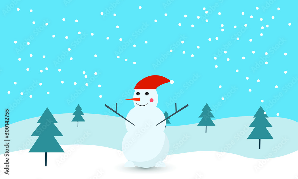 Christmas snowman christmas  in winter landscape. Vector Illustration 