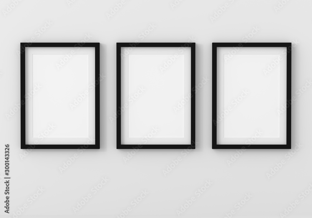 Three empty photo frame for mockup in empty white room, 3D render, 3D illustration Three empty photo frame for mockup in empty white room, 3D render, 3D illustration