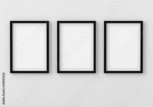 Fototapeta Naklejka Na Ścianę i Meble -  Three empty photo frame for mockup in empty white room, 3D render, 3D illustration