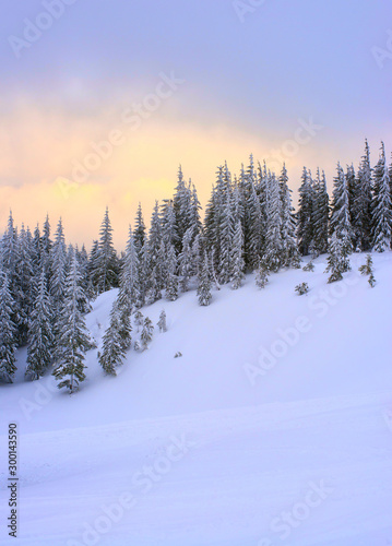 Snow covered mountainside against a dawn.