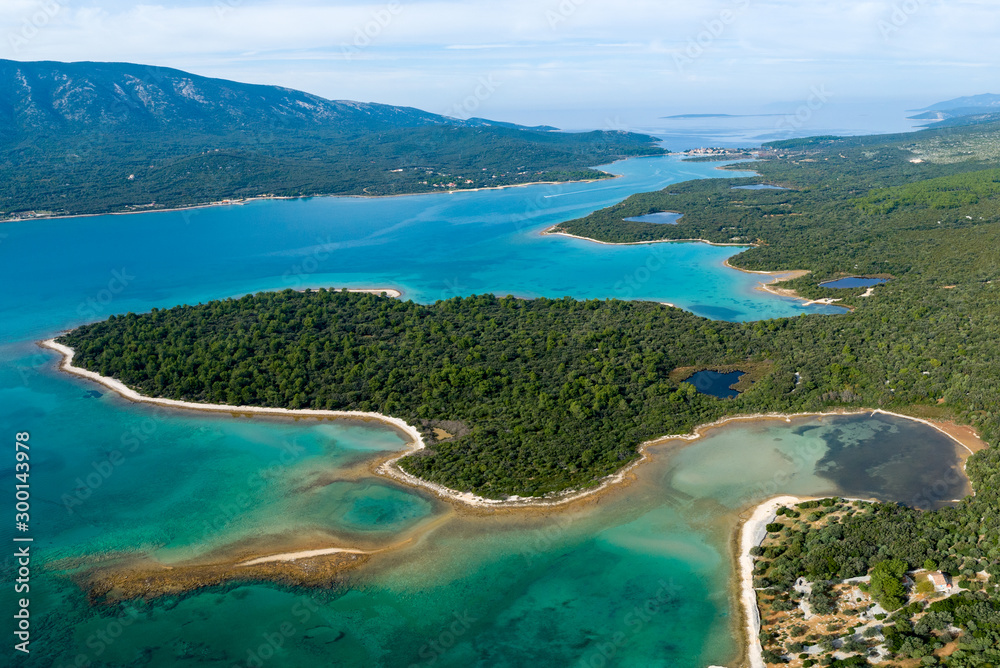 Aerial view of freshwater lakes close to Osor on Cres Island, Croatia. 
