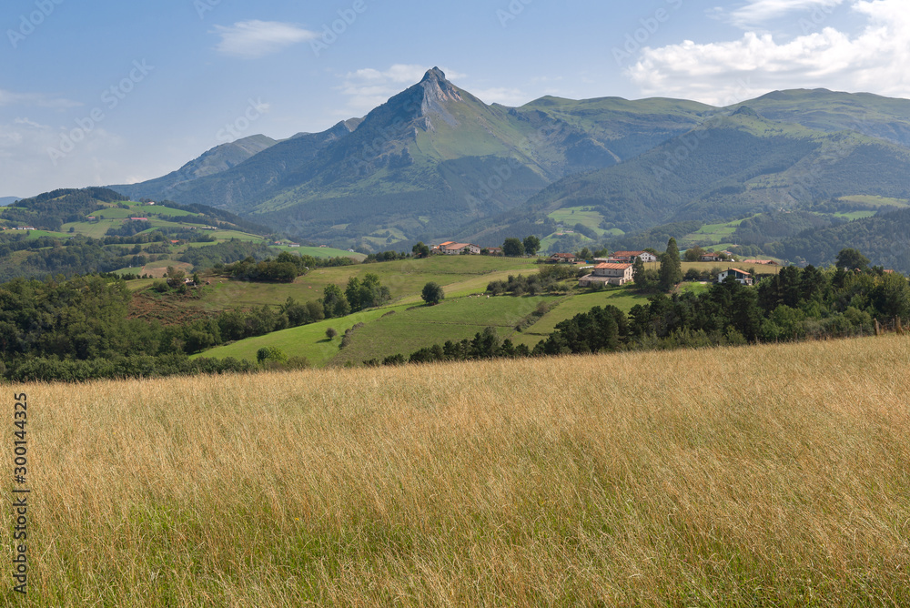 Panorama of Goierri from Lazkaomendi with Txindoki mountain as background, Basque Country, Spain