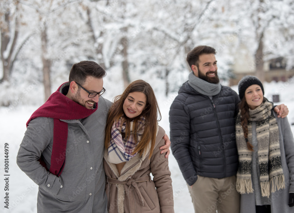 Couples walking in park on snow