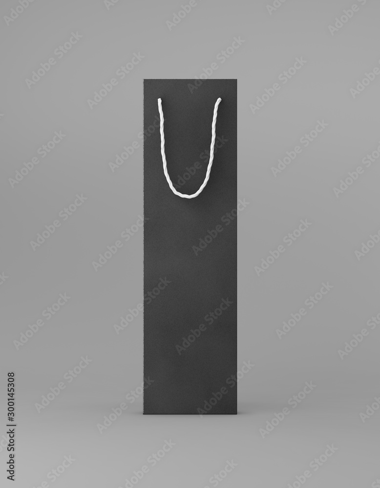 Eco packaging mockup bag kraft paper with handle front side. Tall narrow black template on gray background promotional advertising. 3D rendering Eco packaging mockup bag kraft paper with handle front side. Tall narrow black template on gray background promotional advertising. 3D rendering