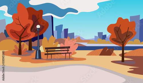 Cityscape embankment of the river, trees, lantern and bench. Autumn city park. Flat cartoon style. Vector illustration.